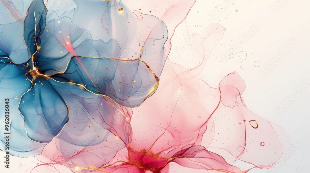 Poster abstract colorful fluid art with blue and pink tones blending together, creating a soft and ethereal
