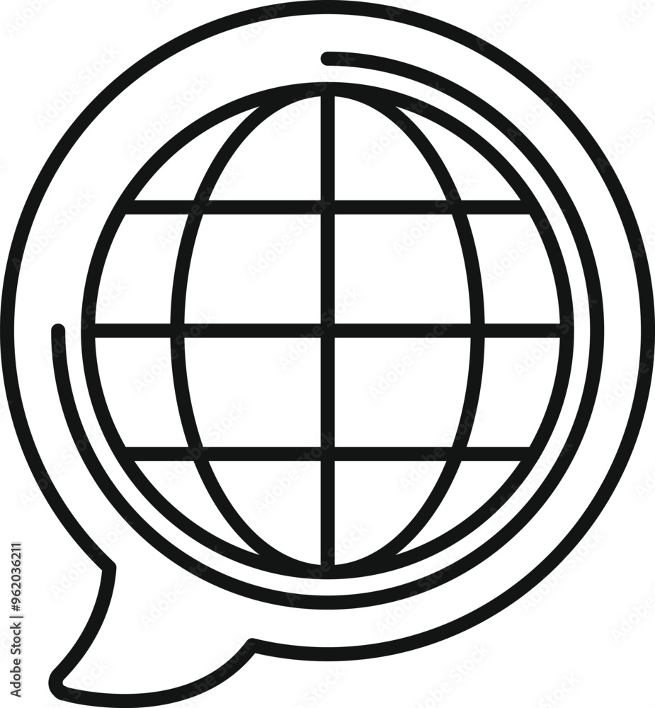 Poster thin line icon of a speech bubble containing a globe, representing the concept of global communicati