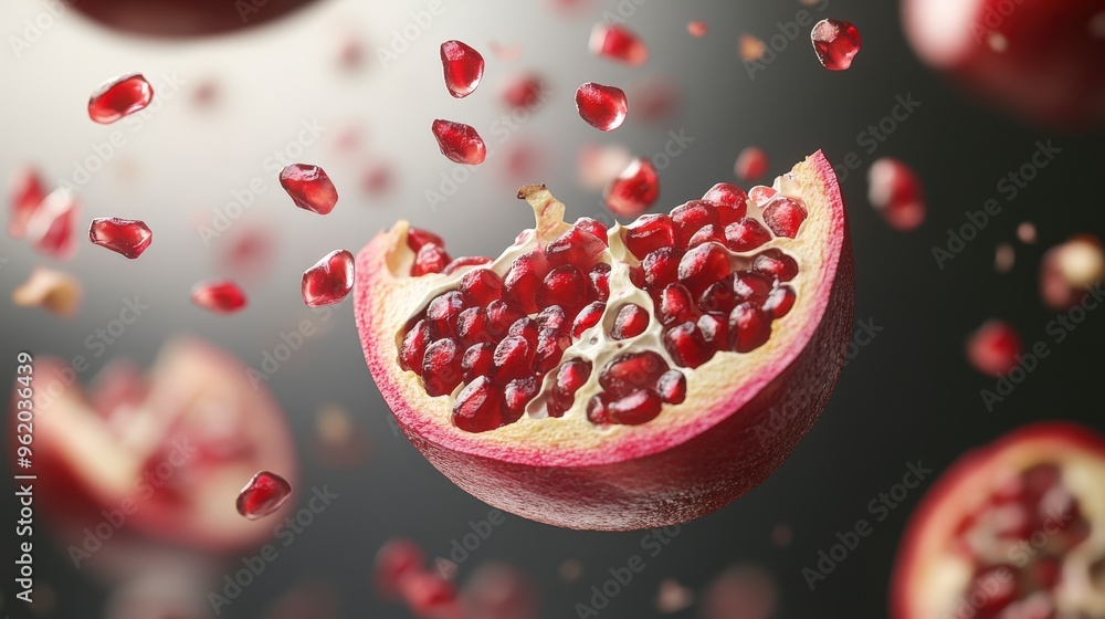 Poster vivid sliced pomegranate with floating red seeds - high-resolution photography capturing intricate d