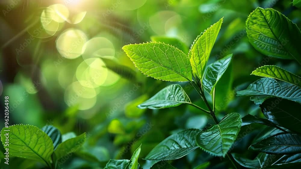 Poster exploring vibrant green foliage with sunlight filtering through in a serene forest setting