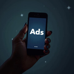 A hand holding a smartphone displaying an advertisement in a dark, starry background at night