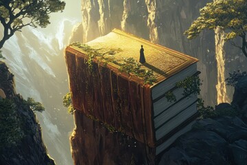 A Lone Figure Standing on a Giant Book Precariously Balanced on a Cliff