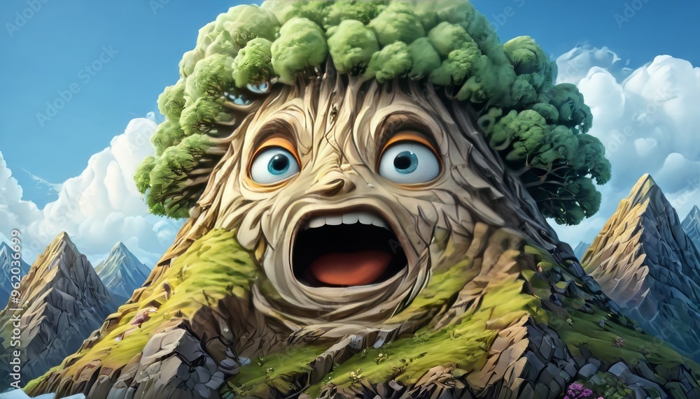 Poster a whimsical mountain character with a tree crown and a surprised expression. the mountain stands out