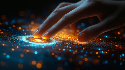 Interactive digital interface with a futuristic touch, depicting technological innovation and control through a glowing fingertip interface