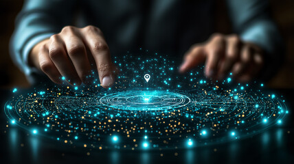 Navigating digital space using futuristic touch technology, representing data interaction, virtual mapping, and advanced geolocation systems