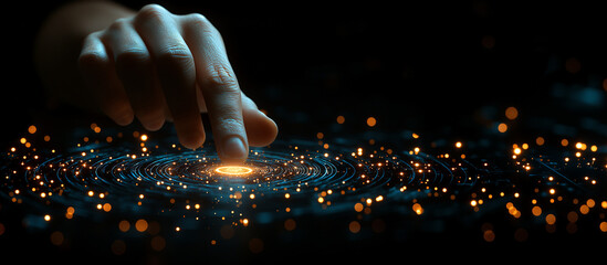 Futuristic interaction with digital technology, visualizing data flow and innovation through touch, symbolizing control, connectivity, and advanced tech interfaces
