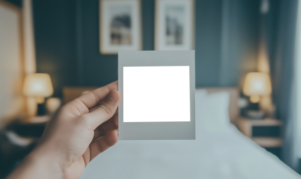 A hand holding a blank polaroid photo, with a blurred cozy bedroom background, inviting the viewer to fill in their own memories or personal touch