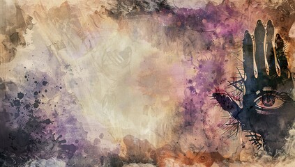 Naklejka premium Dark abstract watercolor with eye and hand symbols in earthy tones