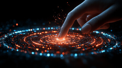Finger touching the center of a luminous, spiral galaxy-like interface, symbolizing the initiation of cosmic-scale data systems or interstellar communication networks