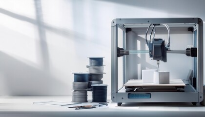 3D Printer in Operation with Spools of Filament on a Work Desk