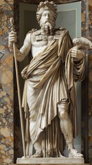 Fototapeta premium A white marble statue of Saint Roch in robes, holding objects in each hand, symbolizing nobility. Set in an indoor space with marble columns,