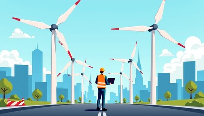 A worker in a safety vest operates a laptop among wind turbines, showcasing renewable energy and modern technology in an urban setting.