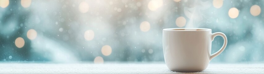 Fototapeta premium Cozy Winter Sip, A steaming cup on a wooden windowsill, snowy forest outside, evokes warmth and tranquility, perfect for a peaceful evening retreat.