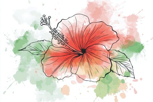 hibiscus flower watercolor style with black outline clip art preview