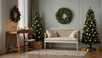Beautiful mistletoe wreath with Christmas tree bench in interior of room