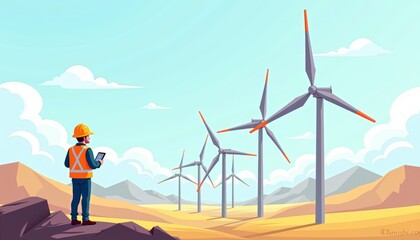 Obraz premium A worker inspects wind turbines in a vast landscape, showcasing renewable energy and modern technology.