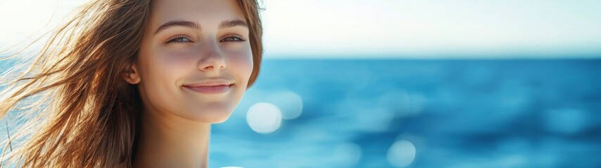 Fototapeta premium Elegant woman enjoying summer on a luxury yacht, embodying vacation bliss, serene atmosphere, lifestyle aspiration, minimalist elegance, tranquil ocean backdrop.