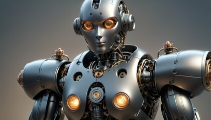 Fototapeta premium An industrial robot with an intricate design and glowing orange eyes stands ready for action, representing the pinnacle of robotics technology in industrial applications.. AI Generation
