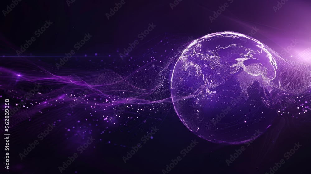 Poster a glowing digital globe emerges from a field of purple waves and abstract particles, creating a scen