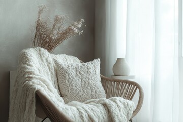 Cozy Wicker Chair with White Blanket and Dried Flowers