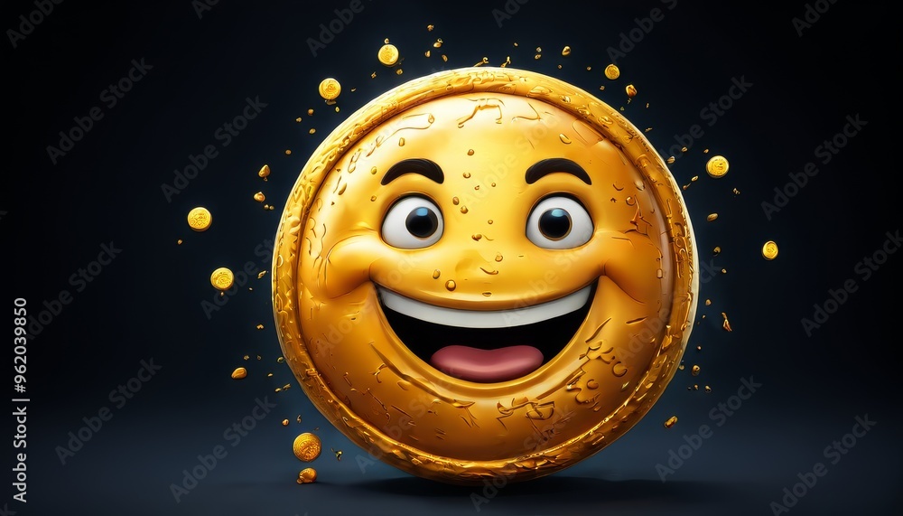 Poster a happy gold coin with a big smile is surrounded by splashing droplets in this dynamic 3d image. the
