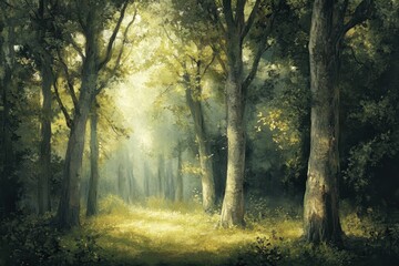 Obraz premium Sunlit Path Through a Dense Forest of Tall Trees