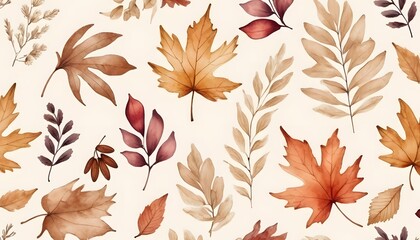 Watercolor seamless pattern with fall flowers and leaves pressed flower autumn watercolor illustration with a light beige background, Hand-painted watercolor