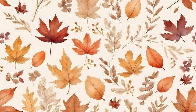 Watercolor seamless pattern with fall flowers and leaves pressed flower autumn watercolor illustration with a light beige background, Hand-painted watercolor