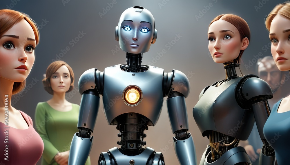 Poster a group of humanoid robots standing alongside human companions, showcasing the interaction between h