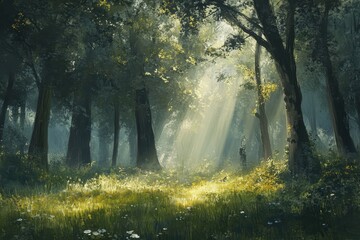 Obraz premium Sunbeams Breaking Through Dense Forest Canopy