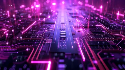 Obraz premium A high-tech image of a futuristic digital circuit board, illuminated by glowing purple lights. The intricate design and vibrant colors convey advanced technology, computing power, and innovation