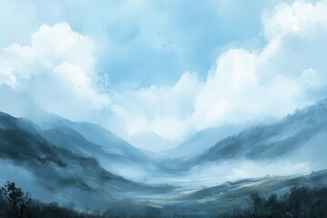 Obraz premium A Misty Mountain Valley Under a Cloudy Sky