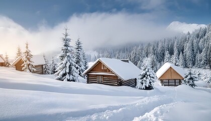 Christmas and New Year background. Winter landscape with wooden houses in the village, snowy day