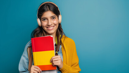 Young female student holds a book with the Spanish flag, representing her engagement in learning Spanish. The image captures a sense of excitement and focus on language education.