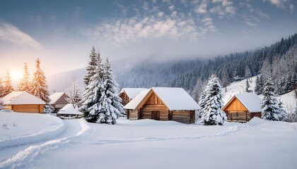 Naklejka premium Christmas and New Year background. Winter landscape with wooden houses in the village, snowy day