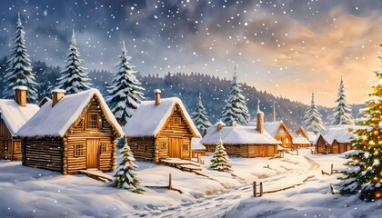 Fototapeta premium Christmas and New Year background. Winter landscape with wooden houses in the village, snowy day