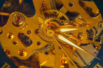 Clock mechanism, macro winding,Close-up of the internal mechanism of a vintage analog self-winding...