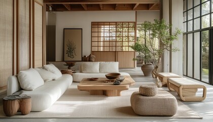 Serene Japandi Interior Design with Modern Furniture, Neutral Tones, and Natural Elements for Elegant Simplicity