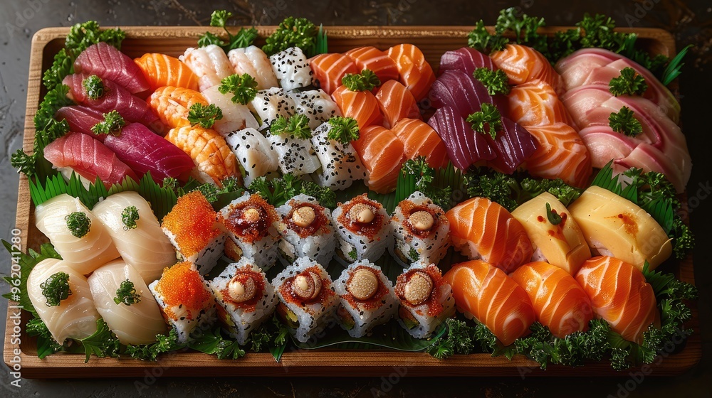 Wall mural A tray of assorted sushi is displayed on a wooden board