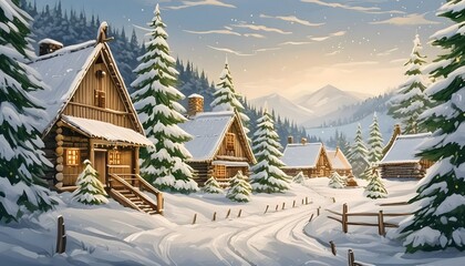 Christmas and New Year background. Winter landscape with wooden houses in the village, snowy day
