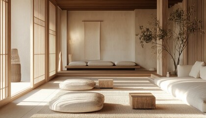 Serene Japandi Interior: Modern Furniture, Natural Textures, Cozy Lighting for Stylish Living