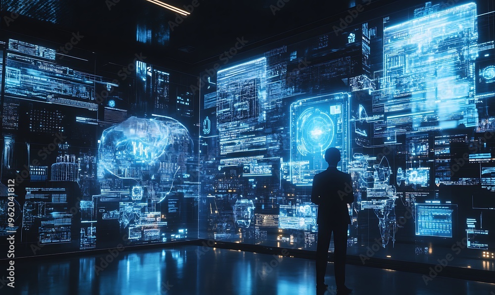 Poster silhouetted figure observing a wall of digital data in a futuristic setting