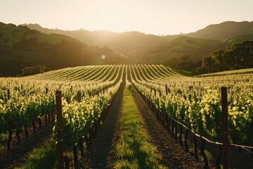 Fototapeta premium Sunlit vineyard in lush rolling hills