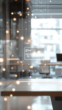 High-tech floating digital data in a modern office with light bokeh. Represents coding and data analysis.