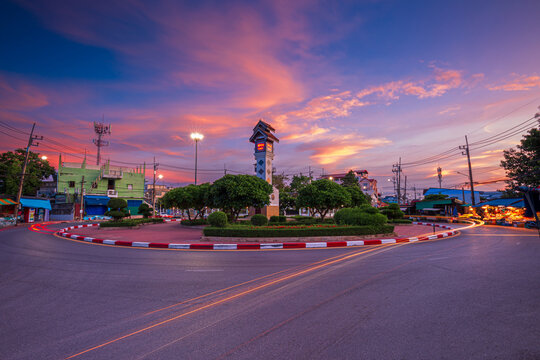 Clock Tower, Roundabout Road,Clock Tower in the evening, Tha Chalom, Samut Sakhon Province, Thailand