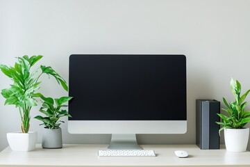 Minimalist workspace with computer and indoor plants