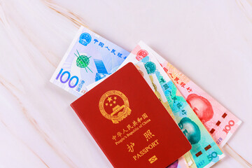 Passport issued by People Republic of China with Chinese yuan cash money in various denominations