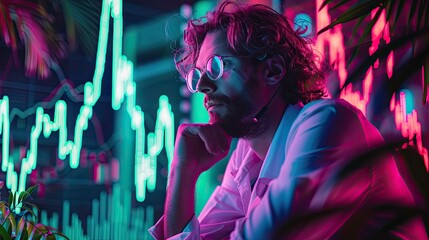 Obraz premium A man in a white shirt is sitting in front of a screen with a lot of numbers