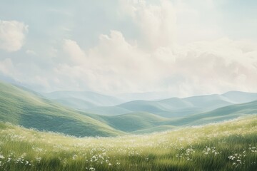 Serene Meadow with Rolling Hills and White Flowers