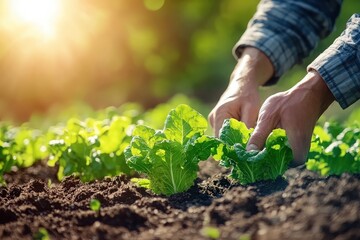 Hands harvesting lettuce in a sunny garden